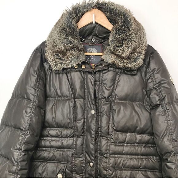 Vince Camuto Olive Green Quilted Faux Fur Collar Long Winter Jacket - Picture 3 of 16